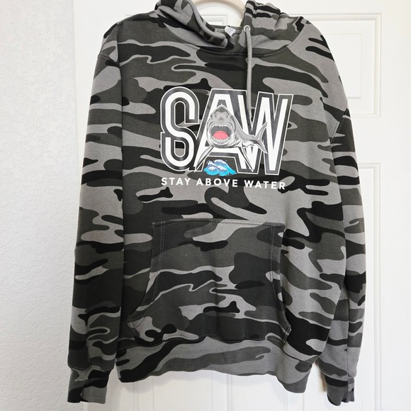 Mens Gray Camo Shark Saw Stay Above Water Hoodie Sweatshirt L - Picture 2 of 8